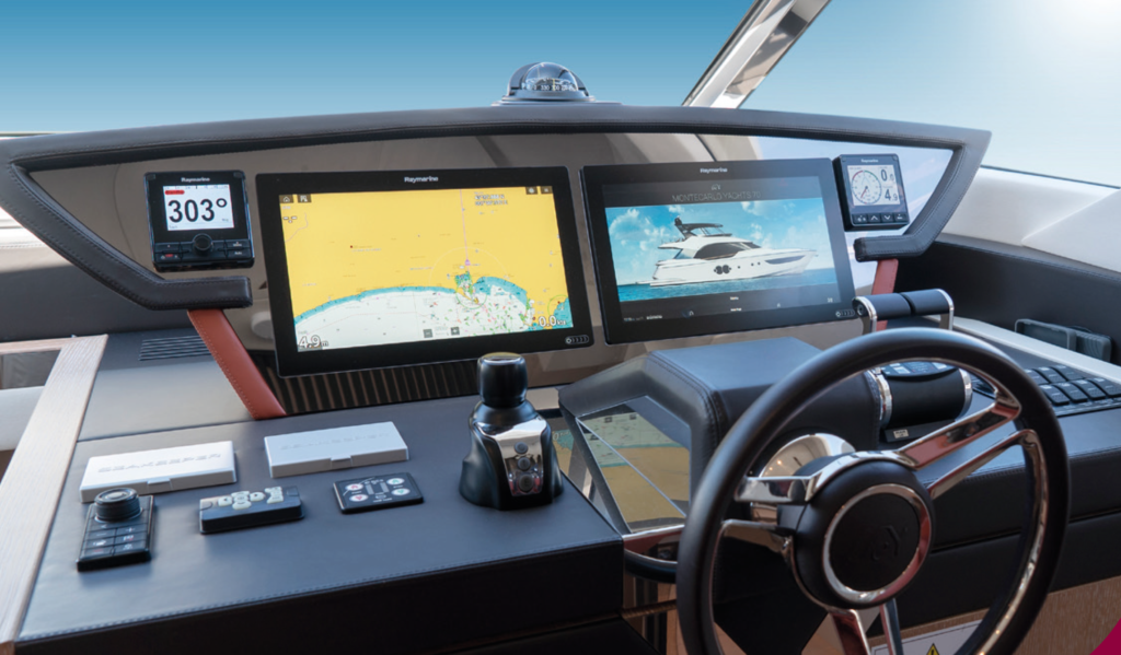 Modern scheepsnavigatie dashboard met GPS schermen en stuurwiel voor professionele maritieme dienstverlening