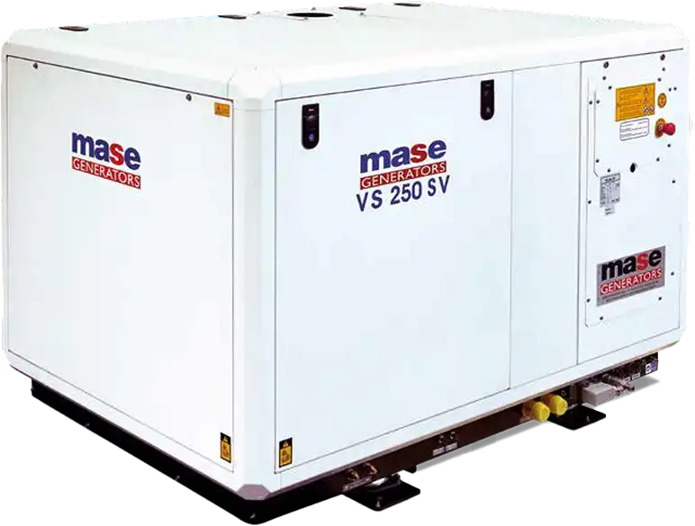 Witte mobiele generator van merk Mase op transportframe voor stroomvoorziening bouw en evenementen